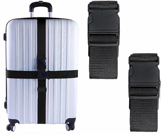 2 Pack Suitcase Belts, Adjustable Luggage Straps, Bright Colors Travel Packing Straps with Quick Release Buckle (Black)