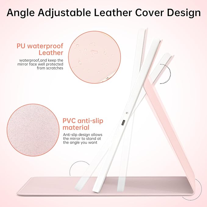 FUNTOUCH 2500mAh Large Rechargeable Travel Makeup Mirror with Lights, Portable Makeup Mirror with 10X Magnifying Mirror 3 Lighting Modes, Tabletop Folding Travel Mirror with PU Leather Cover (Pink)