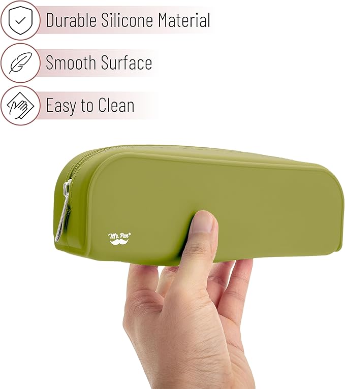 Mr. Pen- Olive Green Silicone Pencil Pouch, Aesthetic Design, Small Size, Multipurpose Makeup Bag