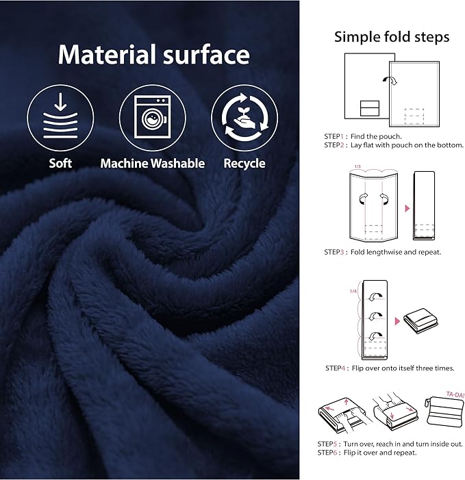 DEZ FURNISHINGS 4-in-1 Travel Compact Blanket Pillow Super Soft Velvet with Luggage Sleeve and Backpack Clip, Navy, 60" x 45"