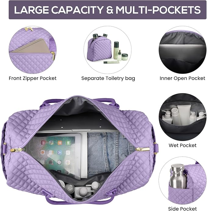 Travel Weekender Duffle Bags for Women - Large Carry On Bag with Shoe Compartment Overnight Bag with Toiletry Bag Duffel Bags with Wet Pocket for Gym Hospital Bags for Labor and Delivery Light Purple