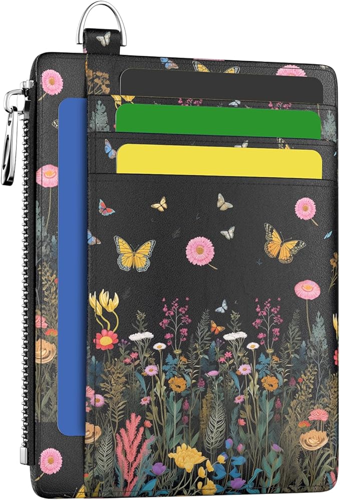 Hancynir Slim Wallet Women Credit Card Holder Butterfly Flowers Night RFID Small Mini Card Case Front Pocket PU Leather Thin Travel Zipper Coin Cash ID Window Girls Wallet Gifts