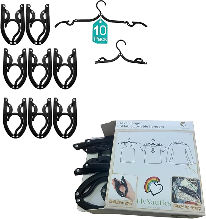 10Pcs Foldable Travel Hangers Space Saving Portable Folding Coat Hangers Travel Accessories Essentials for Traveling Camping Flying RV Cruises Suitcase Foldable Rack for Cruise Black