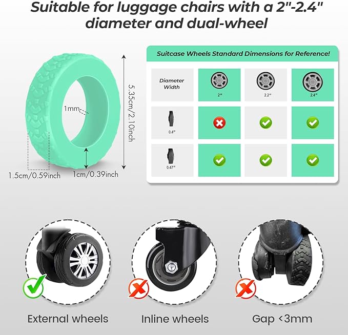 8 Pack Luggage Wheel Covers for Dual Spinner Wheels, Silicone Suitcase Wheel Protectors for 2.0"-2.4" Wheels, Noise Reducing & Anti-Scratch Tire Sleeves, Travel Accessories for Checked & Carry On