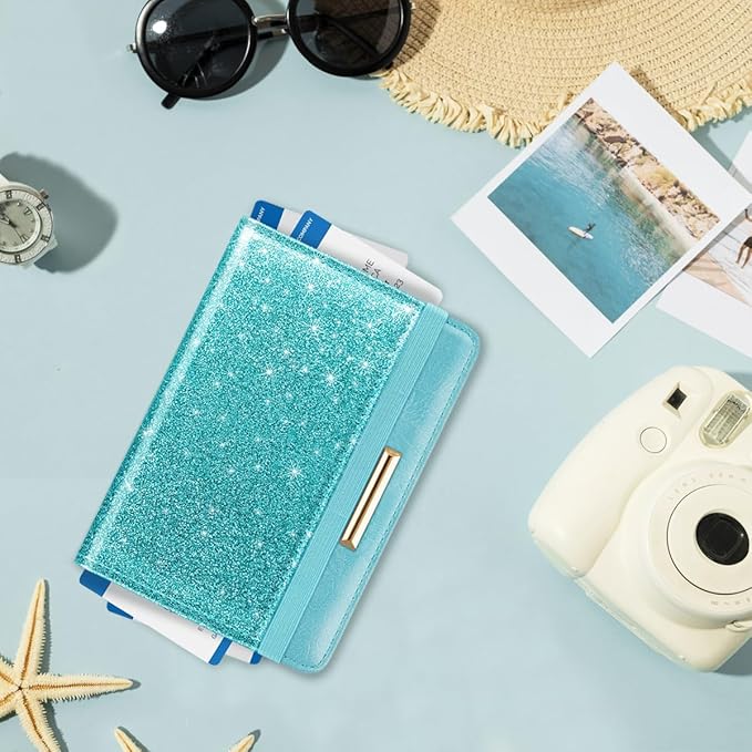 Passport Holder Cover, RFID Travel Wallet Credit Card Holder Blue Green Cute Sparkly Passport Book Holders for Women with Elastic Band and Golden Metal Decoration, Blue Green Glitter