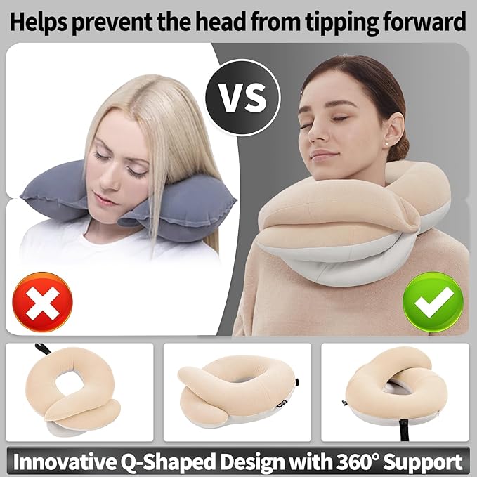BUYUE Travel Neck Pillows for Airplanes, 360° Head Support Sleep for Long Flight, Skin-Friendly & Breathable, Kit with 3D Contoured Eye Mask, Earplugs and Storage Bag (Adult, Beige, 90+ lbs)