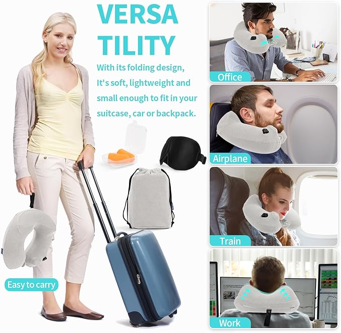 2 Pack Inflatable Travel Neck Pillows for Airplanes, Head Support Velvet Adult Neck Pillows for Long Flight, Kit with Eye Mask, Earplugs and Storage Bag, 2, Light Gray