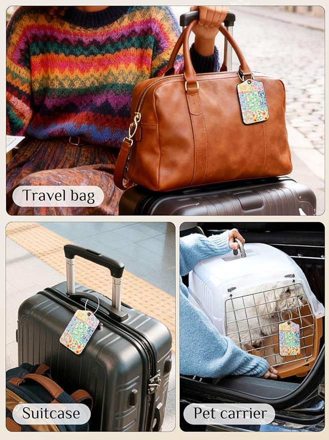 Seorsok 2Pcs Luggage Travel Tags for Suitcases,Colorful Blooming Floral PU Leather Name Tag with Privacy Cover&ID Label Address Card and Durable Metal Ring Suitable for Men Women Handbags Backpack