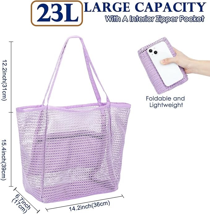 Fammart Mesh Beach Bag, Large Beach Tote with Zipper Pocket, Toys Pool Bag for Family Travel Vacation Cruise Essentials