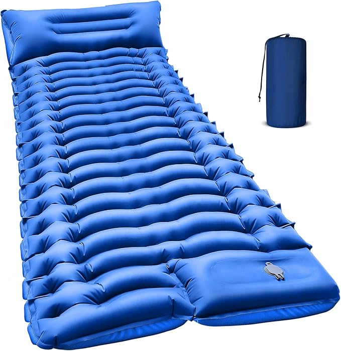 Camping Sleeping Pad with Pillow Built-in Foot Pump Inflatable Sleeping Mat Compact for Camping Backpacking Hiking Traveling - Blue