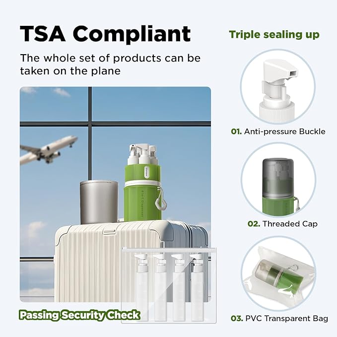 Travel Bottles for Toiletries, TSA Approved Travel Shampoo and conditioner Bottles with Suction Cups, Green