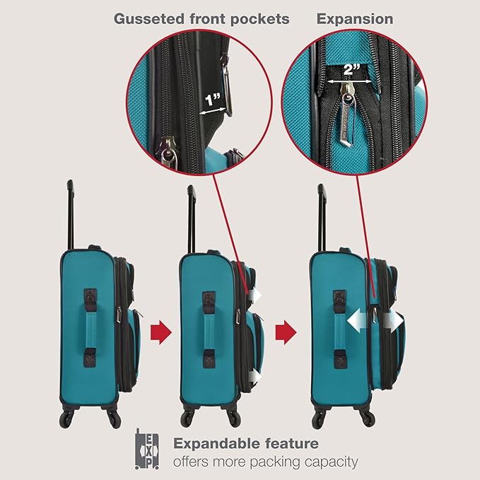 U.S. Traveler Rio Lightweight Softside Rolling Carry-on Suitcase, 4-Wheel Set, Teal