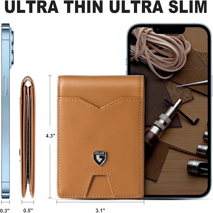 GSOIAX Slim Wallet for Men Rfid Blocking Leather Bifold Front Pocket Carbon Fiber Credit Card Holder Novelty Wallets With Gift Box (Brown)