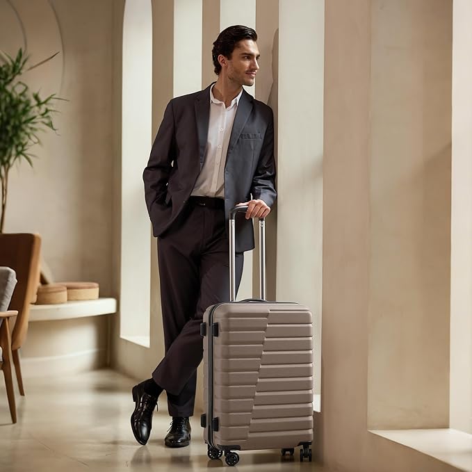 Coolife Medium Checked Luggage with Spinner Wheels, Hardside Suitcase TSA Lock Lightweight Travel Luggage 24-inch,Brown
