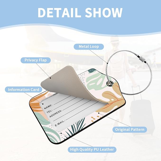 2 Pcs Luggage Tag for Suitcases, Abstract Boho Leaves Cute PU Leather Suitcase Tag Privacy Cover ID Label with Metal Loop, Personalized Baggage Identifier for Women Bag Travel Essentials