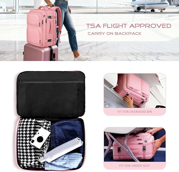 Travel Backpack for Women, 52L Carry On Backpack, Extra Large Expandable Travel Bag, 18.4 Inch TSA Flight Approved Luggage Personal Item Size with USB, Teacher Business Daypack, Pink