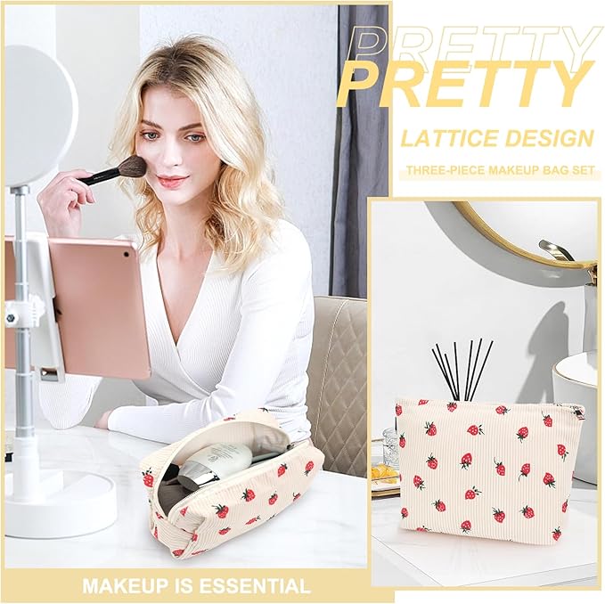 EIMMBD Makeup Bag 3 Pieces Large Capacity Cosmetic Bags Travel Toiletry Bag Organizer Cute Makeup Bag Storage for Women(Beige Strawberry)