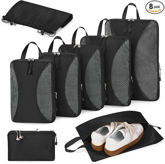 Compression Packing Cubes 8 Sets, Packing Organizers, Extensible Suitcase Organiser Bags, Travel Organizer Cubes for Travel Essentials Black