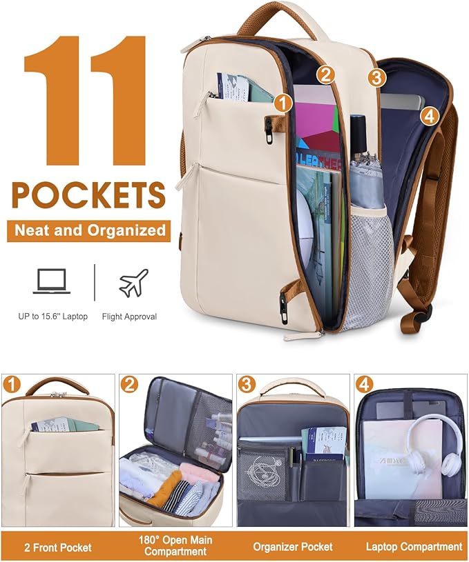 Capolo Travel Backpack for Women Men Waterproof Laptop Backpack Airlines Approved Personal Item Backpack Bag Computer Bookbag for Business, Work, Traveling Fits 15.6 Inch Laptop(Beige &Brown Zipper)