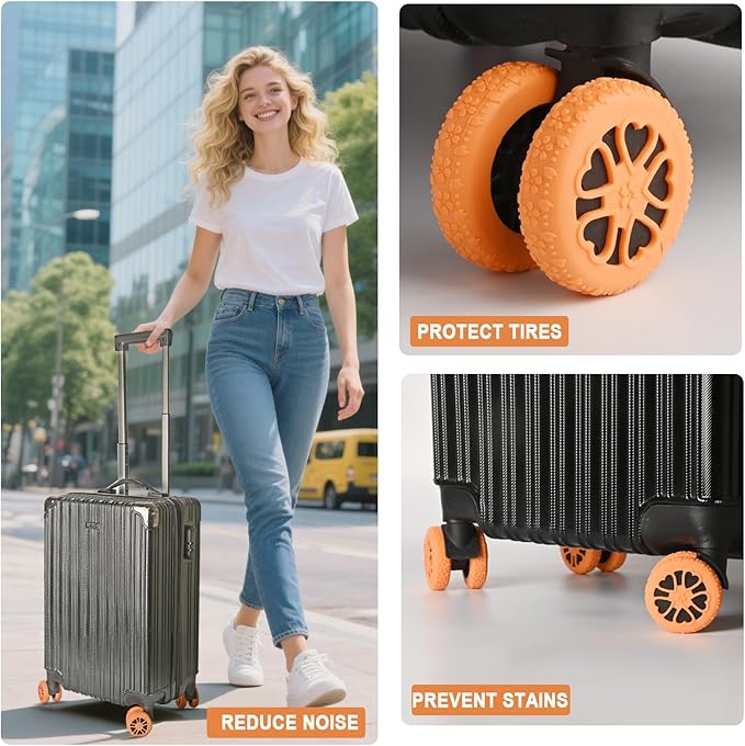 Luggage Wheel Protector, 8PCS Sakura Love Design - Premium Silicone Protectors for 2-2.4" Spinner Wheels Anti-Slip, Ultra-Quiet & Wear-Resistant Travel Accessories (Orange)