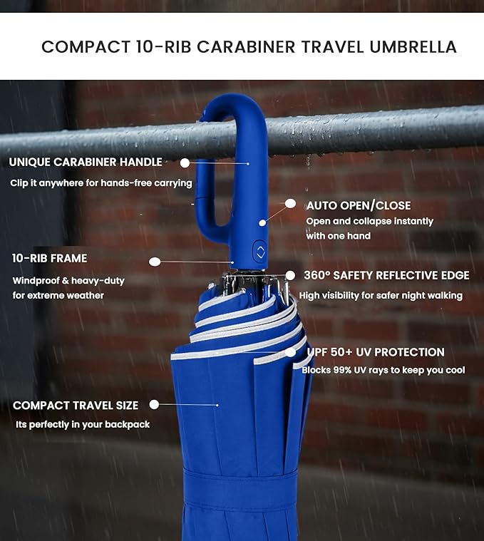 SIEPASA Travel Umbrella with Carabiner Handle - Windproof 10 Ribs Auto Open/Close for Rain & Sun Protection, Compact Portable Clip-on Backpack Design with Safety Reflective Strip.