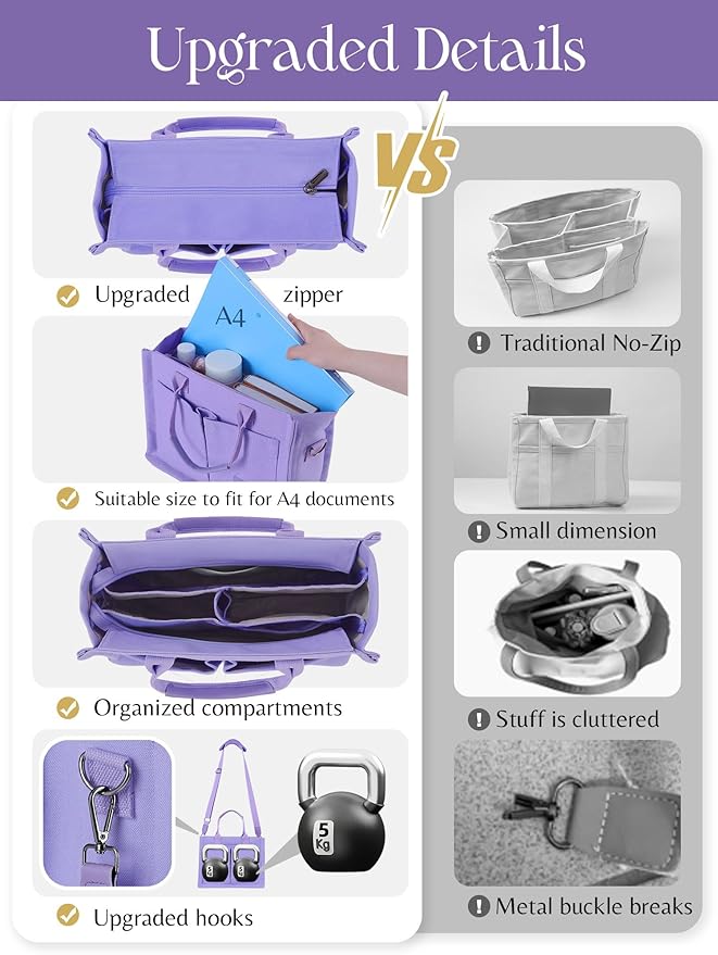FIORETTO Canvas Tote Bag for Women with Zipper Closure & Individual Compartments for Work College for Teacher & Nurse
