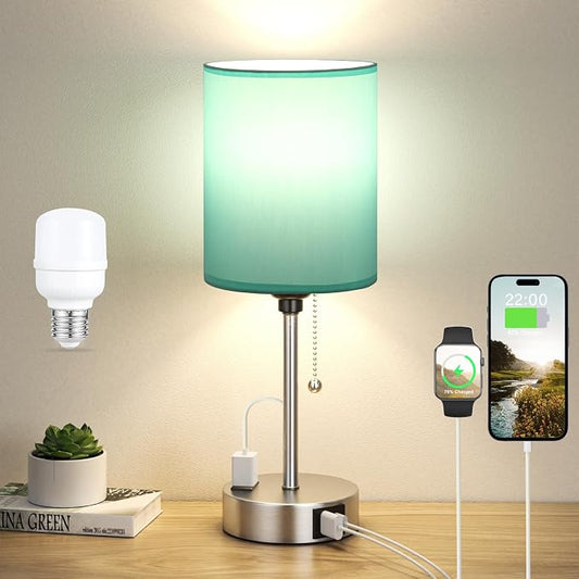 Small Bedside Table Lamp for Bedroom - Desk Lamp with USB Ports for Dorm | USB A+C Ports, AC Outlet, 3 Color Temperatures, LED Bulb Included, Teal Fabric Shade, Sleek Silver Base, 14" Night Stand Lamp