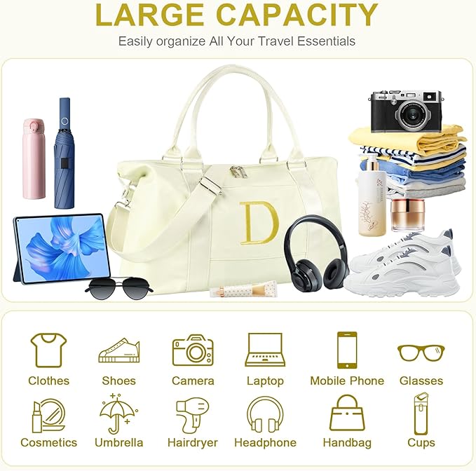Personalized Initial Gym Dance Bag, Travel Duffel Bag for Teen Girls, Carry On Bag Overnight Weekender Bag with Trolley Sleeve, Birthday Gifts for Women Mom Daughter Graduation Gift(Letter D, Beige)