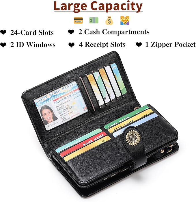 SENDEFN Wallets for Women Leather Credit Card Holder with RFID Blocking Large Capacity Wristlet | with RFID Blocking, Large Capacity, Wristlet, with RFID Blocking, Large Capacity, Wristlet