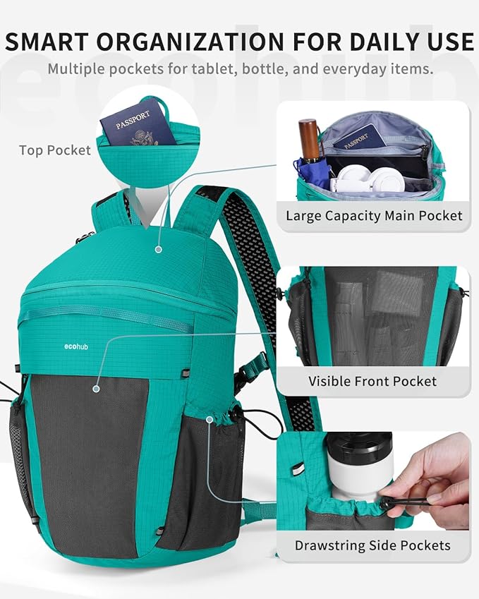 ECOHUB 15L Lightweight Casual Daypack, Packable Backpack for Daily Use, Hiking & Travel, Foldable Small Backpack with Stretch Mesh Pockets, Water-Resistant Nylon, Reflective Design