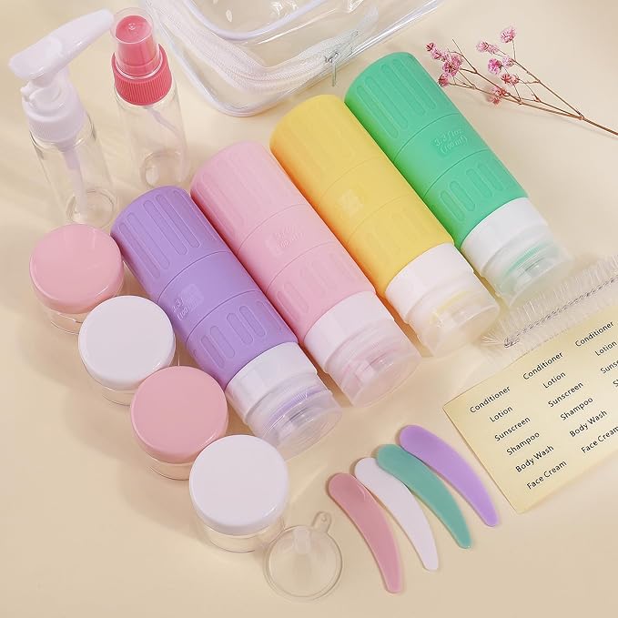 GLAMFIELDS Travel Bottles for Toiletries,TSA Approved 3.3oz Size LeakProof Silicone Toiletry Containers for Shampoo, Conditioner,Easy to Squeeze，Portable Travel Essentials for Lotion(18 Pack) Macaron