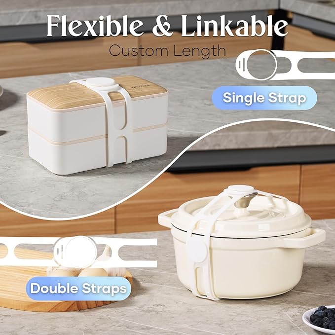 Silicone Latch Strap for Slow Cooker Lid, Pot & Food Storage - 2-Pack White, Reusable Universal Lid Lock & Adjustable Silicone Straps for Cooking