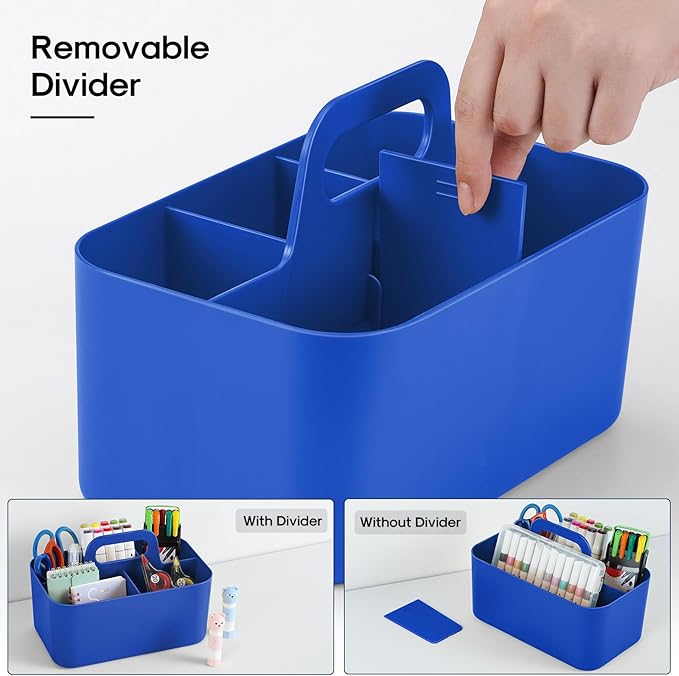 Multiuse Caddy Organizer with Handle, Portable Plastic Tote Bin - Art Craft, Stationary Pen Marker Crayons, Makeup Hair Supplies Storage - Bathroom, Classroom, Dorm, Office, Desk Holder - Dark Blue