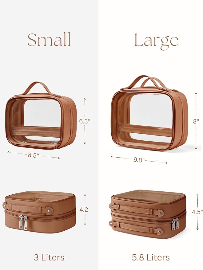 Clear Cosmetic Bag Double Layer Travel Toiletry Bag Clear Makeup Bag Case with 4 Compartments, Transparent Travel Bag for Toiletries, Large Toiletry Bag for Women Cosmetic Case (Brown, Small)