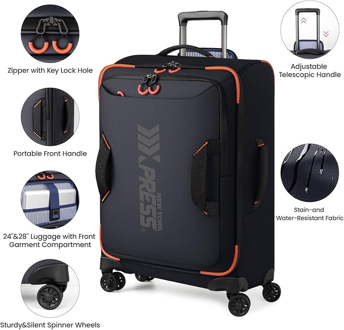 22" Luggage, Softside Suitcase w/Double Spinner Wheels, Waterproof,Lightweight Rolling Suitcases for Men/Women（Blue,22in）
