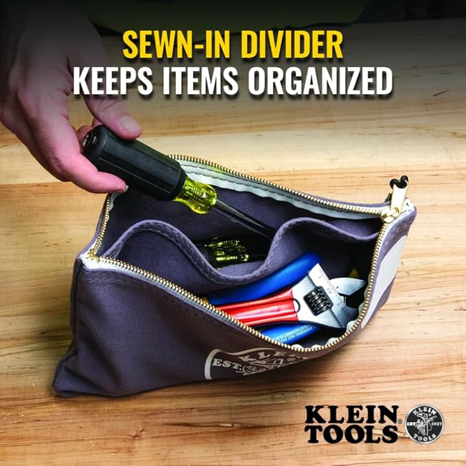 Klein Tools 55578 Zipper Bag with Divider, No. 10 Canvas, 7-Inch x 12-1/2-Inch Heavy Duty Tool Bag Organizer, Multipurpose for Tools to Crafts