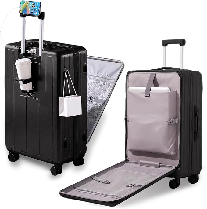 Gets Carry on Luggage Airline Approved,20 Inch Abs+Pc Hardshell Spinner Luggage With Cup Phone Holder and USB Charger,Front Pocket Durable Suitcase for Women Men-Black