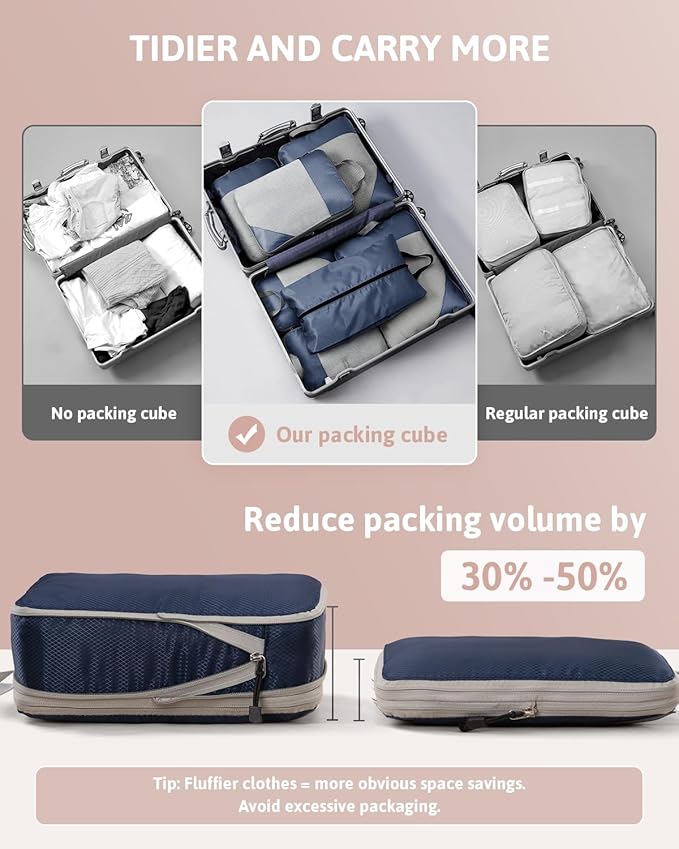 Meowoo 7 Set Compression Packing Cubes for Travel, Durable Ripstop Mesh Suitcase Organizer with Shoe Bag, Ultralight & Expandable Space Saver Travel Cubes