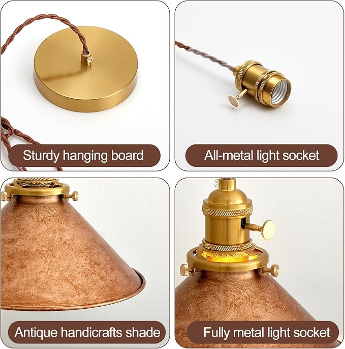 Rusted Copper Kitchen Hanging Lights 8.2 Inch Industrial Lampshade Retro Farmhouse Pendant Light for Bedroom Barn and Bar Foyer Lighting Fixtures 2 Pack