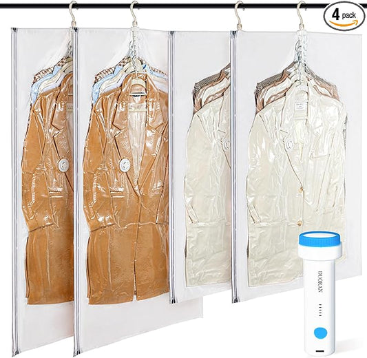 Hanging Vacuum Storage Bags with Electric Pump – 4-Pack Hanging Vacuum Seal Bags for Clothing, Space-Saving Compression Bags for Suits, Jackets, Travel Wear, Winter Coats & Outerwear