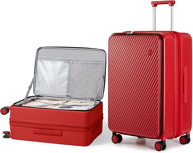 mixi 24 Inch Large Expandable Checked Luggage PC Hard Shell Suitcase Top Opening Rolling Travel Suitcases with Spinner Wheels & TSA Lock, Red