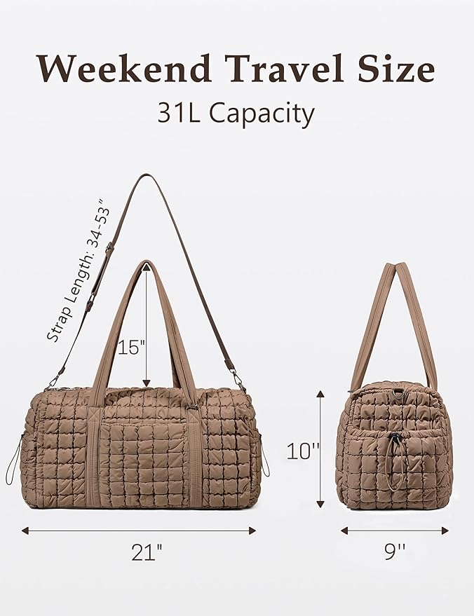 Quilted Travel Duffle Bag for Women Medium Weekender Bag Puffer Overnight Bag Large Soft Puffy Duffel Bag Carry-On Gym Bag Lightweight Personal Item Travel Bag for Trips Business Sport Airplane