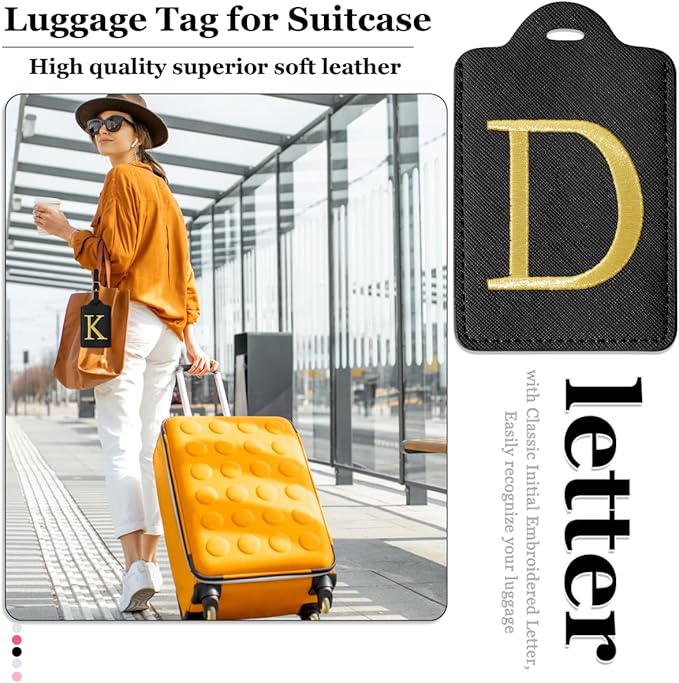 Personalized Initial Luggage Tags for Suitcases,Leather Letter Cute Luggage Tags with Privacy Name Card,Embroidered Monogrammed Travel Bag Backpack Tag Gifts for Women Kids Girls Teens(Black-D)
