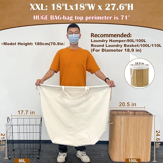 Canvas Laundry Bags with Handles & Square Base18"Lx18"Wx27.6"H, Extra Large Heavy Duty Laundry Basket Hamper Liner, Washable Drawstring Dirty Clothes Bag Canvas Storage Sack (Beige XXL,1 Pack)