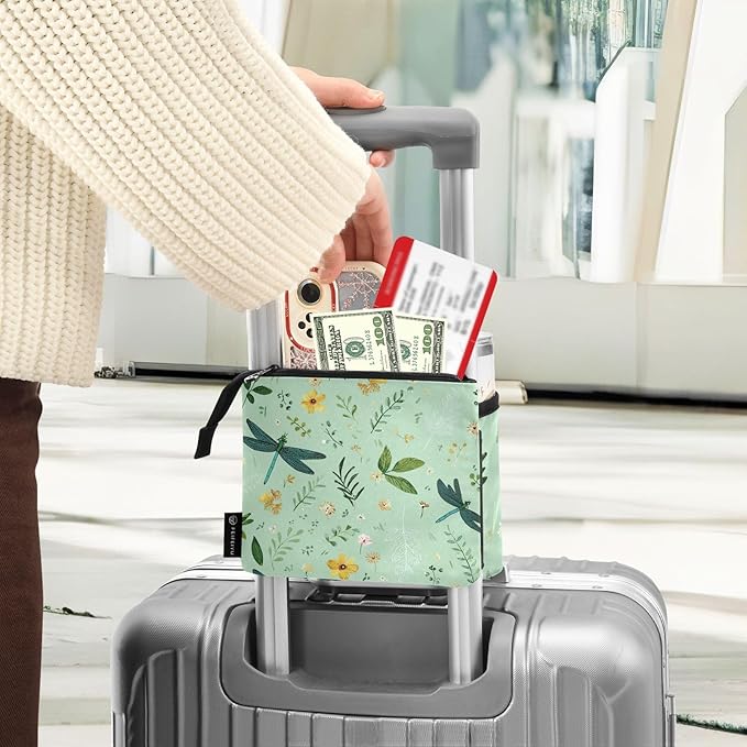 Green Dragonflies Flowers Leaves Luggage Cup Holder Travel Portable Free Hand Drink Carrier Suitcase Drinks Beverage Holder Carry-On Bottle Mug Holder Organizer Bag Travelers Accessories