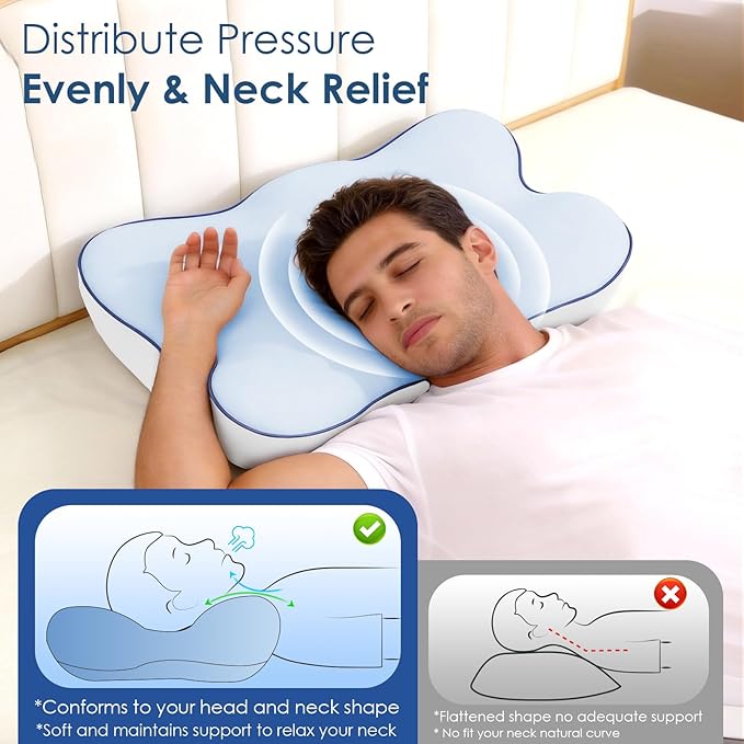 Cervical Pillow for Neck and Shoulder, Ergonomic Side Sleeper Pillow for Pain Relief, Cooling Memory Foam Pillows for Sleeping, Contour Pillow Orthopedic Bed Pillow for Back Stomach Sleepers (Blue)