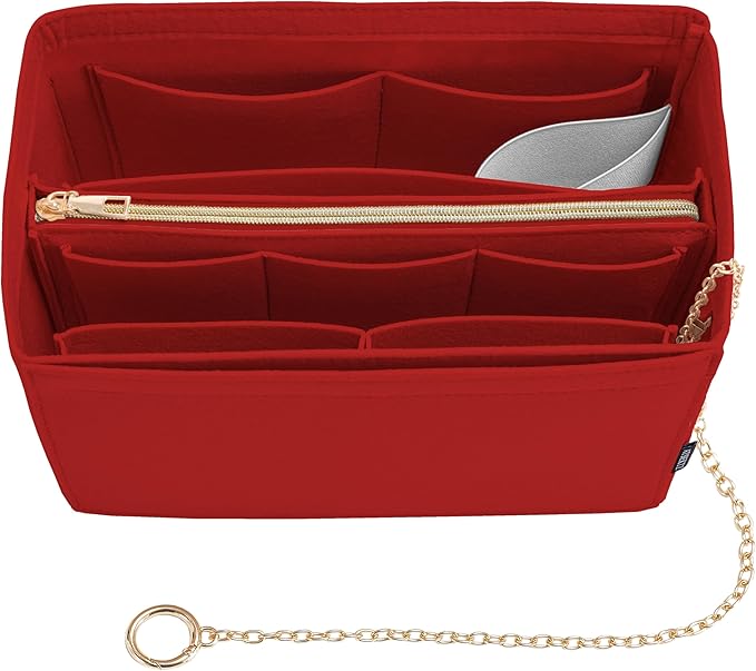 Purse Organizer Insert, Handbag Organizer with Zipper, Tote Shaper with Cup Holder & Keychain, Compatible with LV, Neverfull, MK, COACH, Longchamp, Kate Spade – Red-XL