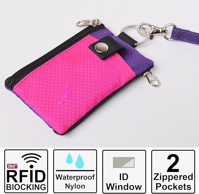 CHENSPRX Minimalist RFID Blocking Small Wallet with ID Window,WaterResistant Zip Id Case Wallet with Lanyard Keychain for Cards,Cash,Travel,Women,Men