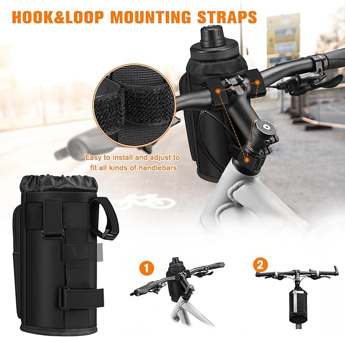 FINPAC Cup Holder for Bike, Universal Water Bottle Holder with Phone Pockets for Stroller Walker Golf Cart Rollator and Scooter, Outdoor, Biking - Black