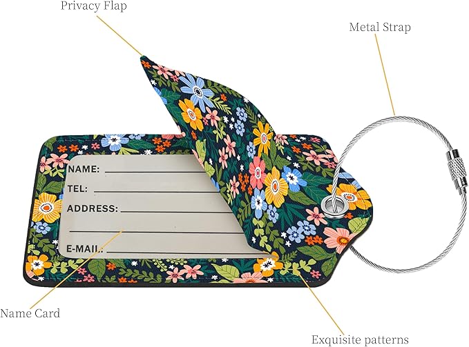 2 Pcs Luggage Tags for Suitcase, Cute Unique PU Leather Travel Bag Tag with Privacy Cover ID Label Address Card and Durable Metal Ring Suitable for Men Women Children Backpack,Flower